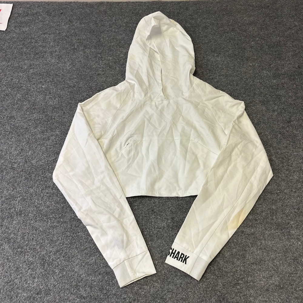 Gymshark Hoodie Womens Size M White Cropped Windbreaker Pullover Athletic Stains